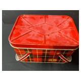 Hot Mon! Plaid Picnic Tin with Vintage Scarves, Doilies, and Sewing Accessories