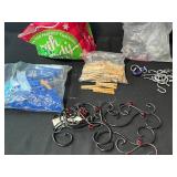 Assorted Clothespins, Carabiner Hooks, Curtain Hooks, Metal Wall Decor, and Bungee Cords
