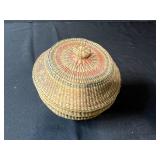 Decorative Lot: Framed Owl Art, Carved Wood Box, Stone Bison & Arrow Figures, Woven Basket with Lid