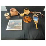 Native American Collectibles and Folk Art Lot with Baskets, Pipe, and Decor