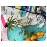 Vintage Handkerchief and Linen Collection with Basket, Flour Sack Apron, and Wooden Wine Holder