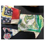 Vintage Handkerchief and Linen Collection with Basket, Flour Sack Apron, and Wooden Wine Holder