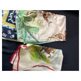 Vintage Handkerchief and Linen Collection with Basket, Flour Sack Apron, and Wooden Wine Holder