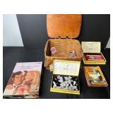 Vintage Peterboro Picnic Basket with Board Games, Cards, and Collectibles