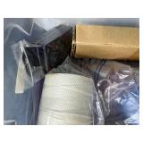Craft Supplies Lot with Wood Pieces, Fabric, Beads, and Accessories in Storage Bin