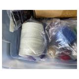 Craft Supplies Lot with Wood Pieces, Fabric, Beads, and Accessories in Storage Bin