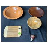 Handcrafted Signed Wood Bowl Trio, Bamboo Cutting Board, and Wine Stopper Set
