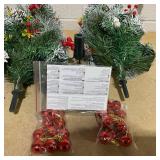 HOMCOM 2.5 Ft/30" 2 Pack Outdoor Entryway Pre-Lit Artificial Christmas Tree Cordless with 70 Branches, Warm White LED lights, Red Berries, Pine Cones, Balls, Green