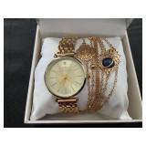 Laura Ashley Womens Gold 5pc Watch and Jewelry Set