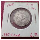 1928 Switzerland Silver 1 Franc Coin