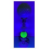 Est.  $175.00 - $325.00 RARE FENTON Uranium Glass Lamp With Lime Green Opalescent Glass Globe With Milk Glass Webbing 19" (WORKS)