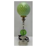 Est.  $175.00 - $325.00 RARE FENTON Uranium Glass Lamp With Lime Green Opalescent Glass Globe With Milk Glass Webbing 19" (WORKS)