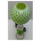 Est.  $175.00 - $325.00 RARE FENTON Uranium Glass Lamp With Lime Green Opalescent Glass Globe With Milk Glass Webbing 19" (WORKS)