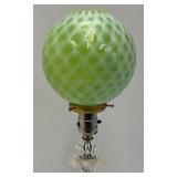 Est.  $175.00 - $325.00 RARE FENTON Uranium Glass Lamp With Lime Green Opalescent Glass Globe With Milk Glass Webbing 19" (WORKS)