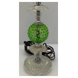 Est.  $175.00 - $325.00 RARE FENTON Uranium Glass Lamp With Lime Green Opalescent Glass Globe With Milk Glass Webbing 19" (WORKS)