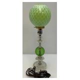 Est.  $175.00 - $325.00 RARE FENTON Uranium Glass Lamp With Lime Green Opalescent Glass Globe With Milk Glass Webbing 19" (WORKS)
