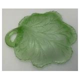 Vintage Indiana Glass Green Uranium Vaseline Glass Leaf Shasped 7 In. Trinket Dish
