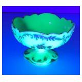 1898 Antique Northwood Custard Glass Compote Gold Trim Pedestal Bowl (GLOWS) Chips Present