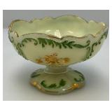 1898 Antique Northwood Custard Glass Compote Gold Trim Pedestal Bowl (GLOWS) Chips Present