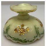 1898 Antique Northwood Custard Glass Compote Gold Trim Pedestal Bowl (GLOWS) Chips Present