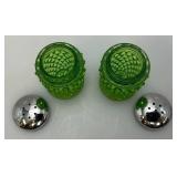 RARE FENTON Emerald Green Hobnail Glass Salt & Pepper Shakers With Metal Tops 3"
