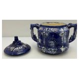 Vintage German Castle Stoneware Blue/White With Cover 12" x 11" x 9"