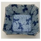 Vintage Japanese Arita Porcelain Cobalt Blue Flying Crane Design Square Bowl 4 3/4"