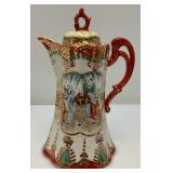 Antique Japanese Moriage Chocolate Pot, Kutani Style, Hand Painted Geisha And Landscape And More 9 1/2" Has Hairline Cracks Present