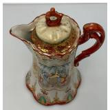 Antique Japanese Moriage Chocolate Pot, Kutani Style, Hand Painted Geisha And Landscape And More 9 1/2" Has Hairline Cracks Present