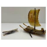 Vintage Chinese Carved Buffalo Horn Fishing Boat 10" x 9 1/2" x 4"
