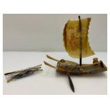 Vintage Chinese Carved Buffalo Horn Fishing Boat 10" x 9 1/2" x 4"