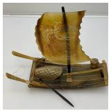Vintage Chinese Carved Buffalo Horn Fishing Boat 10" x 9 1/2" x 4"