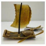 Vintage Chinese Carved Buffalo Horn Fishing Boat 10" x 9 1/2" x 4"