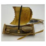 Vintage Chinese Carved Buffalo Horn Fishing Boat 10" x 9 1/2" x 4"