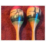 Lot of (2) Vintage Hand-painted Finish Wooden Mexican Maracas