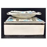 Vintage Empire Porcelain Cigarette Box / Trinket Box and Ashtray Set with Silver Luster and Blue Floral Design England