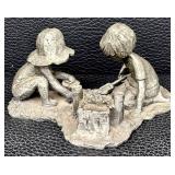Vintage Walli Ortman Pewter Sand Castle Boy and Girl Playing in the Sand