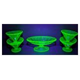 Vintage Uranium Footed Glass Dish and Four Stemmed Sherbet Dishes