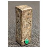 Vintage Italian 800 Sterling Lipstick Case- Ornate Engraved Silver Case with Green Cabochon