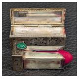 Vintage Italian 800 Sterling Lipstick Case- Ornate Engraved Silver Case with Green Cabochon