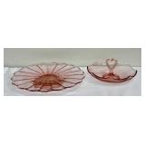 Vintage Anchor Hocking Old Cafe Pink Depression Glass Cake Plate & Candy Dish