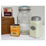 Charming Vintage Finds: Atlas Glass Jar - Vintage Spice Tins & Gold Medal Flour Recipe Box Lot