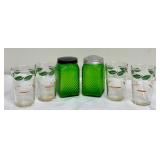 Pair of Vintage Collectible Forest Green Owens Illinois Ribbed Jars and Set of 4 Vintage Juice Glasses