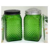 Pair of Vintage Collectible Forest Green Owens Illinois Ribbed Jars and Set of 4 Vintage Juice Glasses