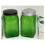 Pair of Vintage Collectible Forest Green Owens Illinois Ribbed Jars and Set of 4 Vintage Juice Glasses
