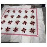 Vintage Quilt Top - Patchwork Star Blocks with Pink Border