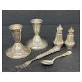 Vintage Crown Sterling Candlesticks, Salt & Pepper Shakers & Fork & Spoon - Sterling Silver Set
