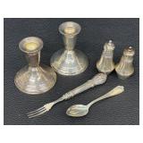 Vintage Crown Sterling Candlesticks, Salt & Pepper Shakers & Fork & Spoon - Sterling Silver Set