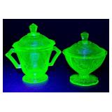 Vintage Federal Sylvan Green Uranium Glass Sugar Bowl & Anchor Hocking Princess/Florentine Sugar Bowl