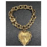 Vintage 14K Gold Heart Pendant Bracelet with CHAI Hebrew Symbol